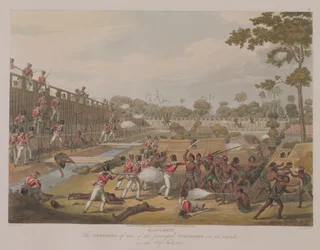 Rangoon: O ataque de uma das principais paliçadas em 8 de julho de 1824, prato 15 de "Rangoon Views", gravado por George Hunt, 1825 (aquatint)