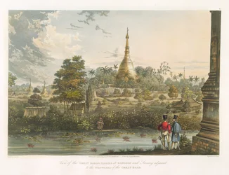 Vista do Grande Pagode de Dagon em Rangoon do oeste, gravado por Henry Pyall (1795-1833) 1825-26