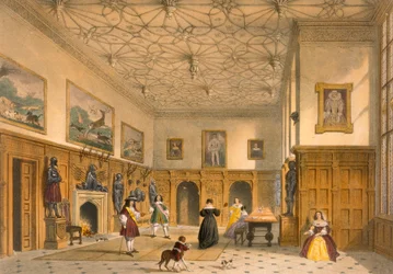 Jogo de bastões no Grand Hall, Parham Park, Sussex, cerca de 1600 de &39;Architecture of the Middle Ages&39;, publicado em 1838