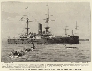 Casacos-azuis britânicos para o resgate, refugiados cretenses sendo levados a bordo do HMS Barfleur