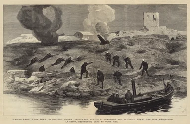 O Bombardeio de Alexandria, Landing Party do HMS Invincible, sob o Tenente Barton R Bradford e o Tenente de Bandeira, o Honorável Hedworth Lambton, que está destruindo armas em Fort Mex