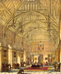 O Grande Salão, Biddington, Surrey, 1600, de &39;Arquitetura da Idade Média&39;, 1838