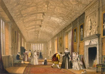 A Long Gallery em Lanhydrock, Cornwall, 1600, da Architecture of the Middle Ages, publicada em 1838