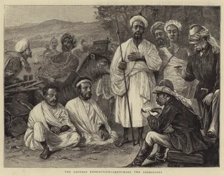 A Expedição Looshai, esboçando os aborígines