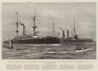 Os Novos Ironclads, o HMS Royal Sovereign e o HMS Royal Arthur que foram lançados em Portsmouth por HM the Queen na quinta-feira
