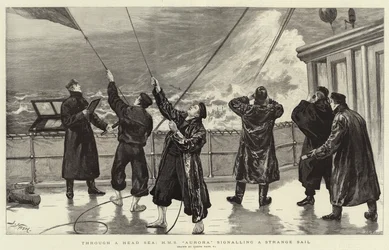 Através de um mar principal, HMS Aurora sinalizando uma vela estranha