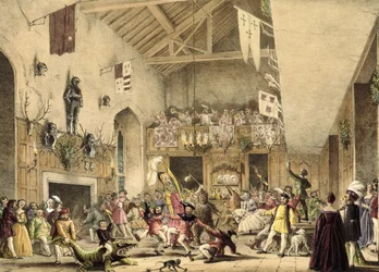 Décima segunda noite Revels no Grande Salão, Haddon Hall, Derbyshire, de "Arquitetura da Idade Média", 1838