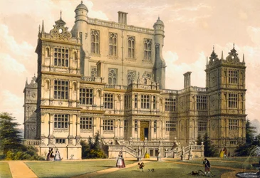 Wollaton Hall, Nottinghamshire, 1600, ilustração de &39;Arquitetura da Idade Média&39;, 1838