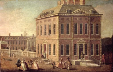 Vista da Casa e Jardins Ranelagh e o Hospital Chelsea, com figuras andando em primeiro plano