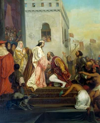 Recepção de Cristóvão Colombo (1451-1506) pelos reis de Espanha Fernando II de Aragão e Isabel 1 de Castela (chamada a Católica) em Barcelona em 1493 O explorador regressa com índios cativos. Detalhe. Pintura de Joseph Nicolas Robert Fleury (1