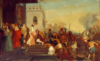Recepção de Cristóvão Colombo (1451-1506) pelos reis de Espanha Fernando II de Aragão e Isabel 1 de Castela (chamada a Católica) em Barcelona em 1493 O explorador retorna com índios cativos. Pintura de Joseph Nicolas Robert Fleury (1797-1890)