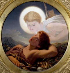 "O sonho de Latmos" evoca o mito de Endimião, um caçador de grande beleza que dormia para sempre e que Zeus tinha adormecido para Selene, que, apaixonada por ele, queria preservar a sua juventude. Pintura de Joseph Noel Paton (1821-1901) (pré-rafaelita)