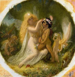 "Titânia, princesa dos deuses das fadas, e o jovem índio que ela fez seu pajem" Ilustração para "Sonho de uma Noite de verão" de William Shakespeare. Pintura de Joseph Noel Paton (1821-1901) Coleção particular