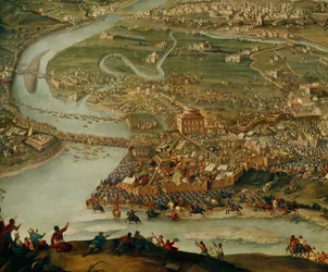 Guerra da Sucessão de Espanha: O Príncipe Eugénio de Saboia liberta Turim, Itália, do cerco das tropas francesas (pintura sobre tela)