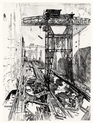 Guindastes no bloqueio de Miraflores, placa XXII do Canal do Panamá por Joseph Pennell, 1912 (carvão sobre papel)