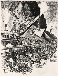 Trabalho com Pá a Vapor: Corte de Culebra, prato XIV do Canal do Panamá por Joseph Pennell, 1912 (carvão sobre papel)