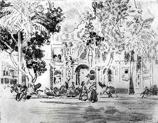 A Catedral, placa XXVI do Canal do Panamá por Joseph Pennell, 1912 (carvão sobre papel)