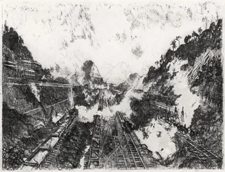 O Corte Olhando para Ancon Hill, placa XVII do Canal do Panamá por Joseph Pennell, 1912 (carvão sobre papel)