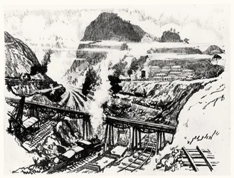 O corte em Paraiso, placa XVI do canal do Panamá por Joseph Pennell, 1912 (carvão vegetal no papel)