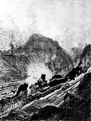 O corte de Culebra, placa XIII do Canal do Panamá por Joseph Pennell, 1912 (carvão sobre papel)