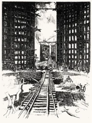 As Portas de Pedro Miguel, prato XIX do Canal do Panamá por Joseph Pennell, 1912 (carvão sobre papel)