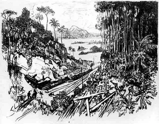 The Jungle: The Old Railway, placa VIII do Canal do Panamá por Joseph Pennell, 1912 (carvão sobre papel)