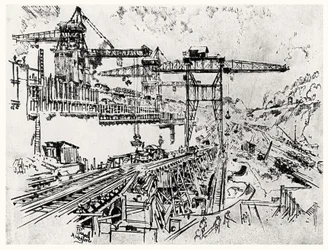 As Muralhas de Miraflores Bloqueio, placa XXIII do Canal do Panamá por Joseph Pennell, 1912 (carvão sobre papel)