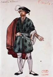 Traje para a personagem de Fausto em A Danação de Fausto, de Hector Berlioz, esboço de Joseph Porphyre Pinchon (1871-1953)