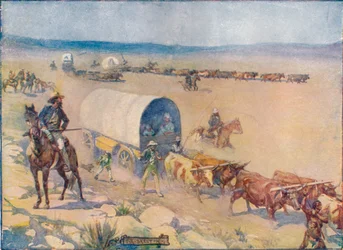 Os Bullock-Waggons feriram lentamente sobre as planícies de Billowy, c1908, c1920.