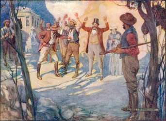 O treinador seria mantido e todos os passageiros roubados, c1908, c1920.