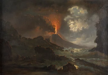Erupção do Vesúvio à noite com vista para a Scuola di Virgilio