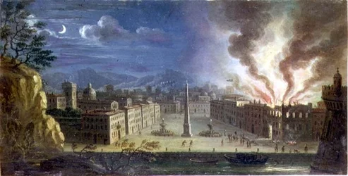 Uma praça num porto marítimo do Italianate com um edifício em chamas à noite