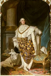 Retrato no pé do Rei da França Luís XVI em traje sagrado (1754-1793) Ele tem o colar da Ordem do Espírito Santo (Espírito Santo) - Pintura do Atelier de Joseph Siffred Duplessis (1725-1802) (Joseph-Siffrede, Joseph-Siffrede, Joseph Si