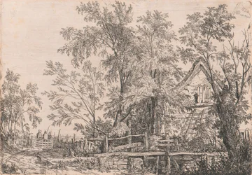 Casa de campo degradada na paisagem com figuras