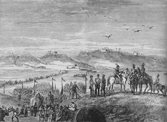 O exército britânico atravessando o Sutlej, c1880