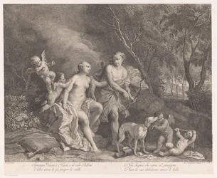 Vênus e Adonis como amantes com quatro putti