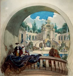 Desenho preparatório para luneta do teto da sala de audiências no castelo real de Ludwig II em Linderhof