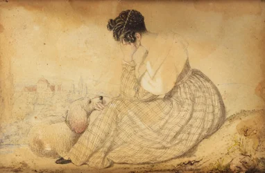 Pisa-papéis com mulher de luto com cão e vista de Viena