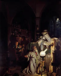 Alquimista tentador de descobrir a pedra filosófica Pintura de Joseph Wright Of Derby (1734-1797) Século XVIII Sol. 1,27 X 1,01m Derby, Museu Derby