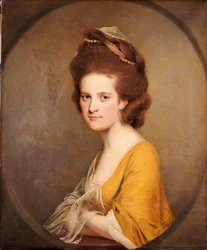 Retrato de Dorothy Hodges, metade do comprimento, em um vestido amarelo