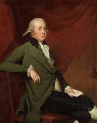 Retrato de Edward Abney, sentado três quartos, com um casaco verde, segurando uma carta contra uma cortina vermelha, final dos anos 1780