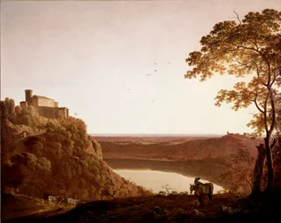 Vista do Lago Nemi ao anoitecer Pintura de Joseph Wright dit Wright de Derby (1734-1797)