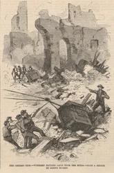 Trabalhadores, transportar, cofres, de, a, ruínas, ilustração, de, frank leslies, ilustrado, jornal, 1871