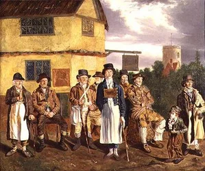 Personagens Norwich, L. to R., Peter Thomas, C. Grimer, R. Gurney, R. Gallant, Blind Dan, John of Poringland, Joe Doe, Whistling Cuckoo Boy e Wyer.