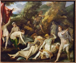 Diana e os seus companheiros surpreendidos por Aktaion, que se transforma num veado morto pelos seus próprios cães (pintura sobre cobre)