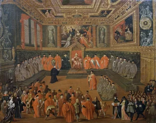 Audição de Doge no Salão do Conselho do Palácio Ducal, Veneza, pintura de Joseph Heintz Younger (ca. 1600-1678)