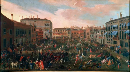A caça aos touros no Campo San Polo em Veneza, em 1648. A caça tradicional de Taurus teve lugar na pequena praça (campi) de Veneza, com cães particularmente ferozes. Pintura de Joseph Heintz Jeune (1600-1678). Venezia, Museo Correr