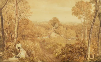 Paisagem arborizada com chalés e camponesas, Hurley, Berks, 1818 (wc sobre grafite sobre papel)