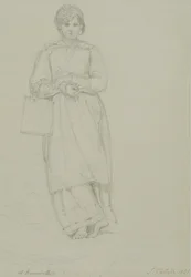 Menina jovem, segurando, lata leite, 1831, (graphite, ligado, wove, paper)