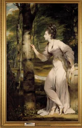 Uma mulher de grande elegância dá um nome em um tronco de árvore em um ambiente romântico. Pintura de Joshua Reynolds (1723-1792). Século XVIII. Retrato completo da Sra. Lloyd: Uma mulher elegante esculpe um nome no tronco de uma árvore em um ambiente româ